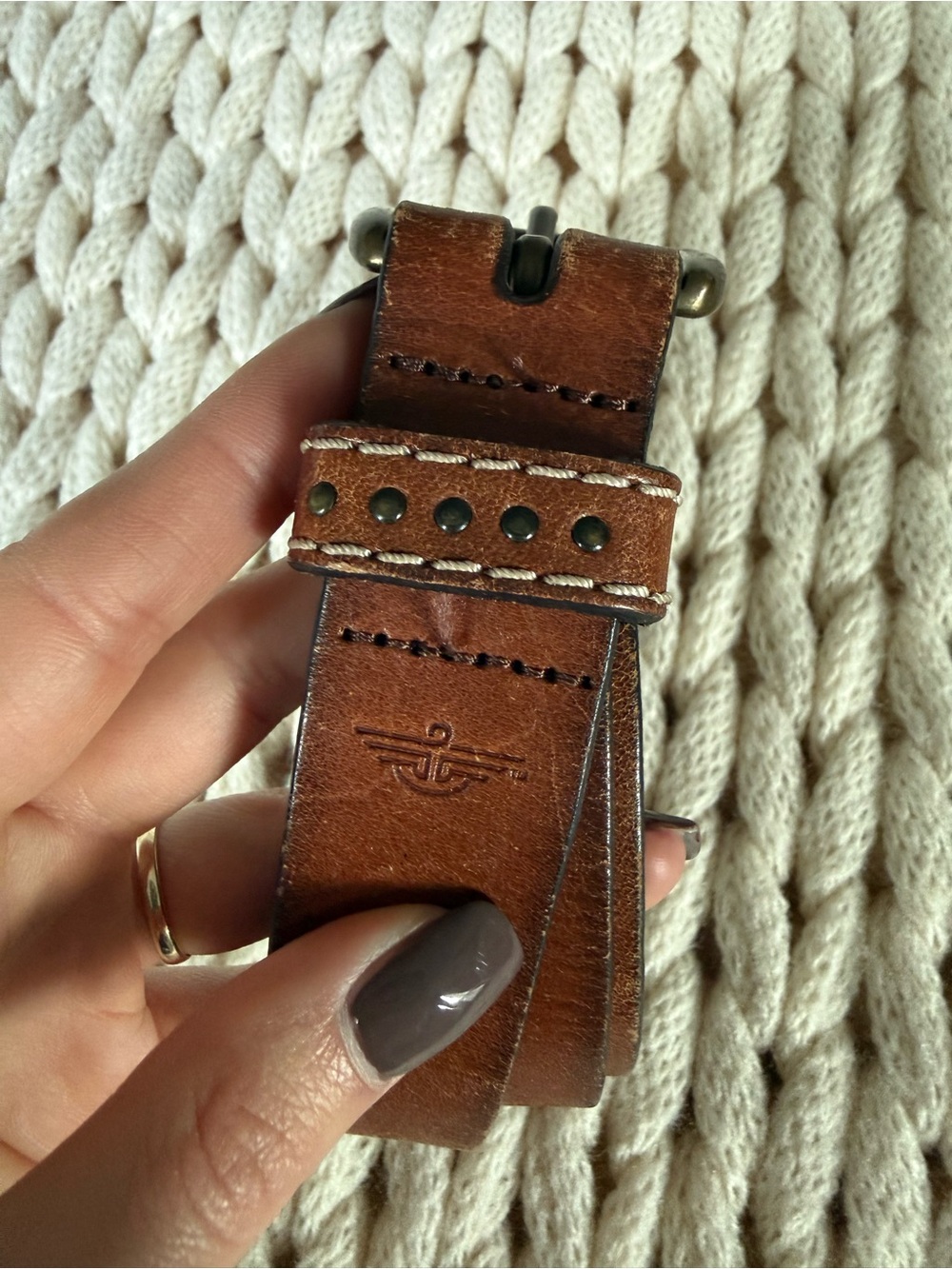 Women’s Brown Leather Dockers Belt with Brass Buckle - Picture 2 of 4